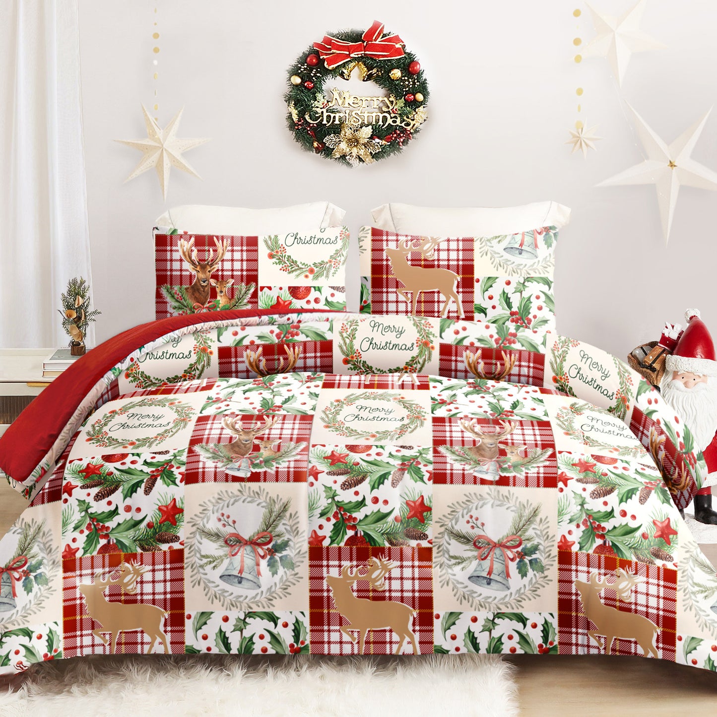 Exclusivo Mezcla Christmas Twin Size Comforter Set, 2 Pieces Reversible Rust Red Patchwork Bedding Comforters, Printed Reindeer Wreaths Pattern