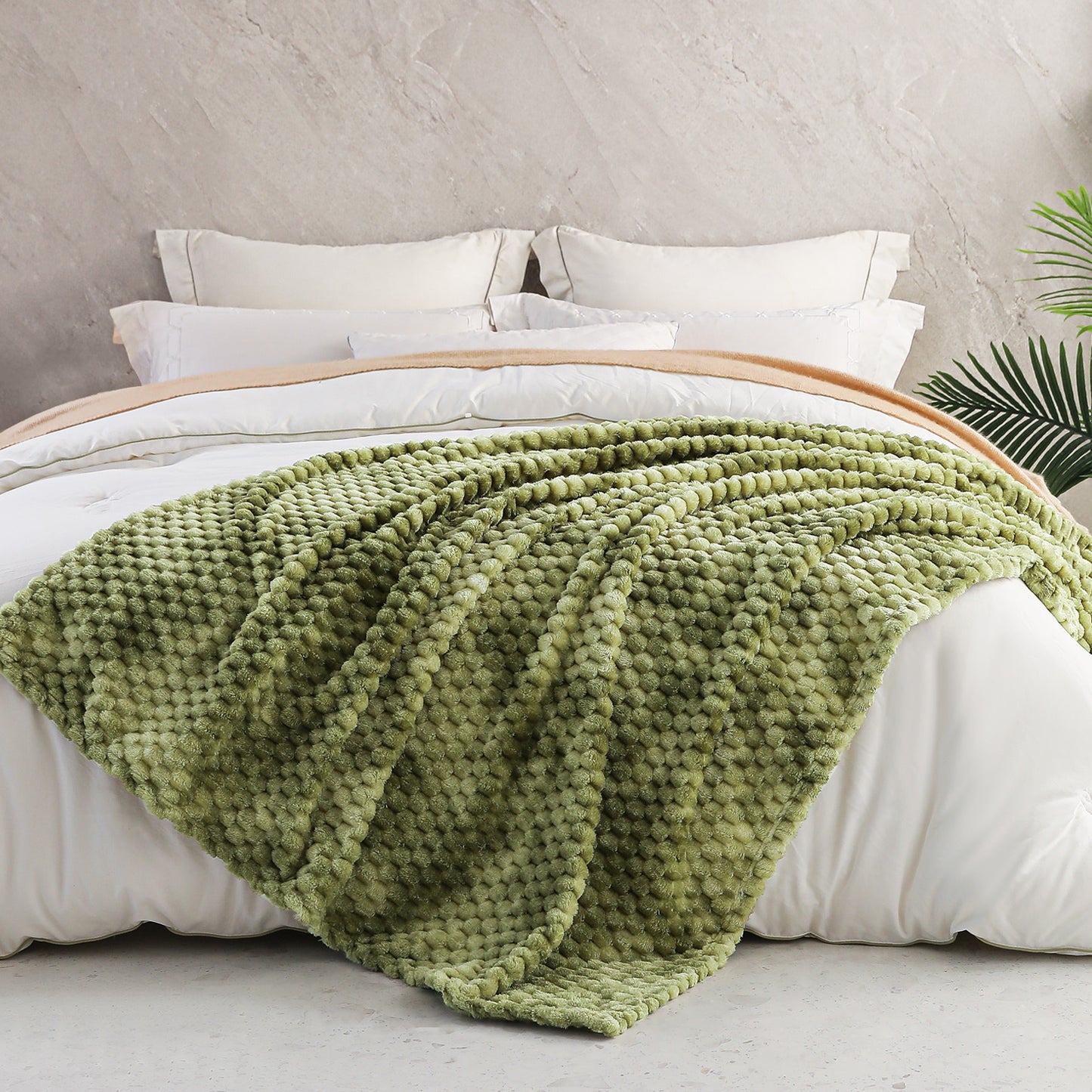 Exclusivo Mezcla Queen Size Flannel Fleece Blanket, 90x90 Inches Stylish Jacquard Velvet Plush Blanket for Bed, Cozy, Warm, Lightweight and Decorative Olive Green Blanket