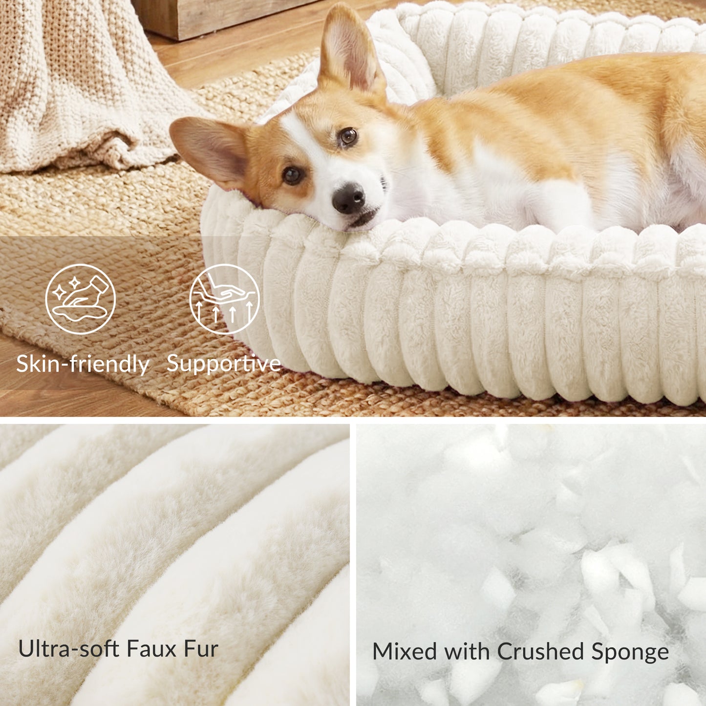 Exclusivo Mezcla Ribbed Plush Cuddler Dog Bed, 24"x20" Calming Pet Bed with Non-Slip Bottom for Medium Dogs, Machine Washable, Ivory