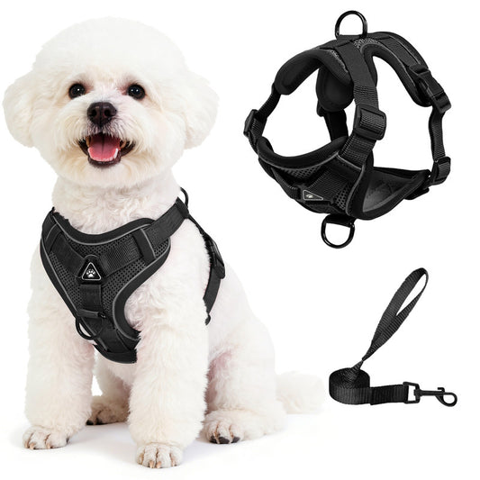 Exclusivo Mezcla Pet Harness and Leash Set, Adjustable Reflective Walking Dog Harness for Small Dogs, No Pull Soft Mesh Puppy Harness, Black, M