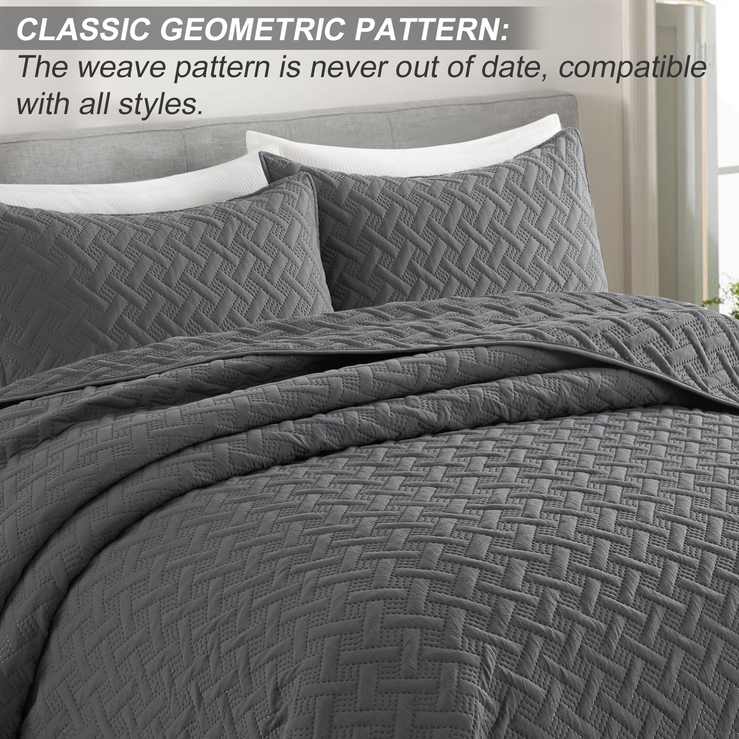 Exclusivo Mezcla 3-Piece Gray King Size Quilt Set, Weave Pattern Ultrasonic Lightweight and Soft Quilts/Bedspreads/Coverlets/Bedding Set (1 Quilt, 2 Pillow Shams) for All Seasons