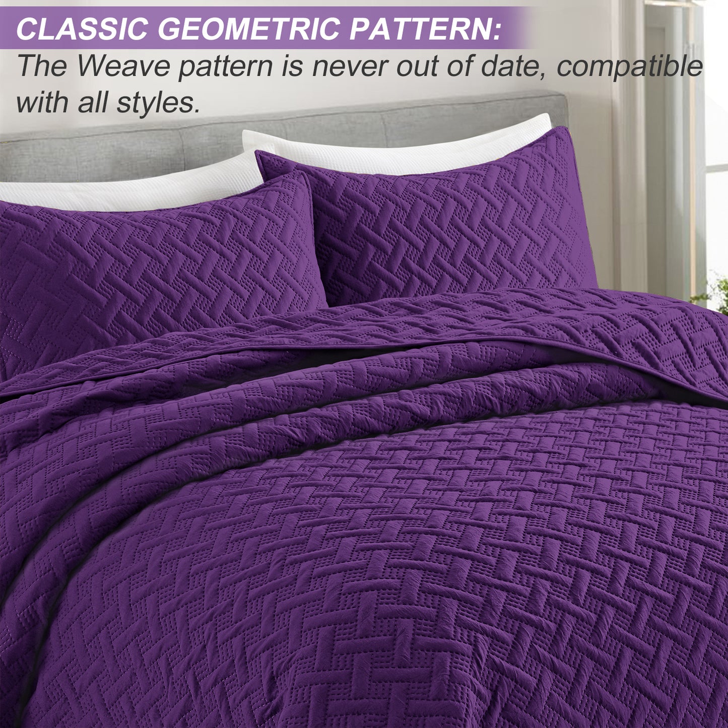 Exclusivo Mezcla 2-Piece Deep Purple Twin Size Quilt Set, Weave Pattern Ultrasonic Lightweight and Soft Quilts/Bedspreads/Coverlets/Bedding Set (1 Quilt, 1 Pillow Sham) for All Seasons