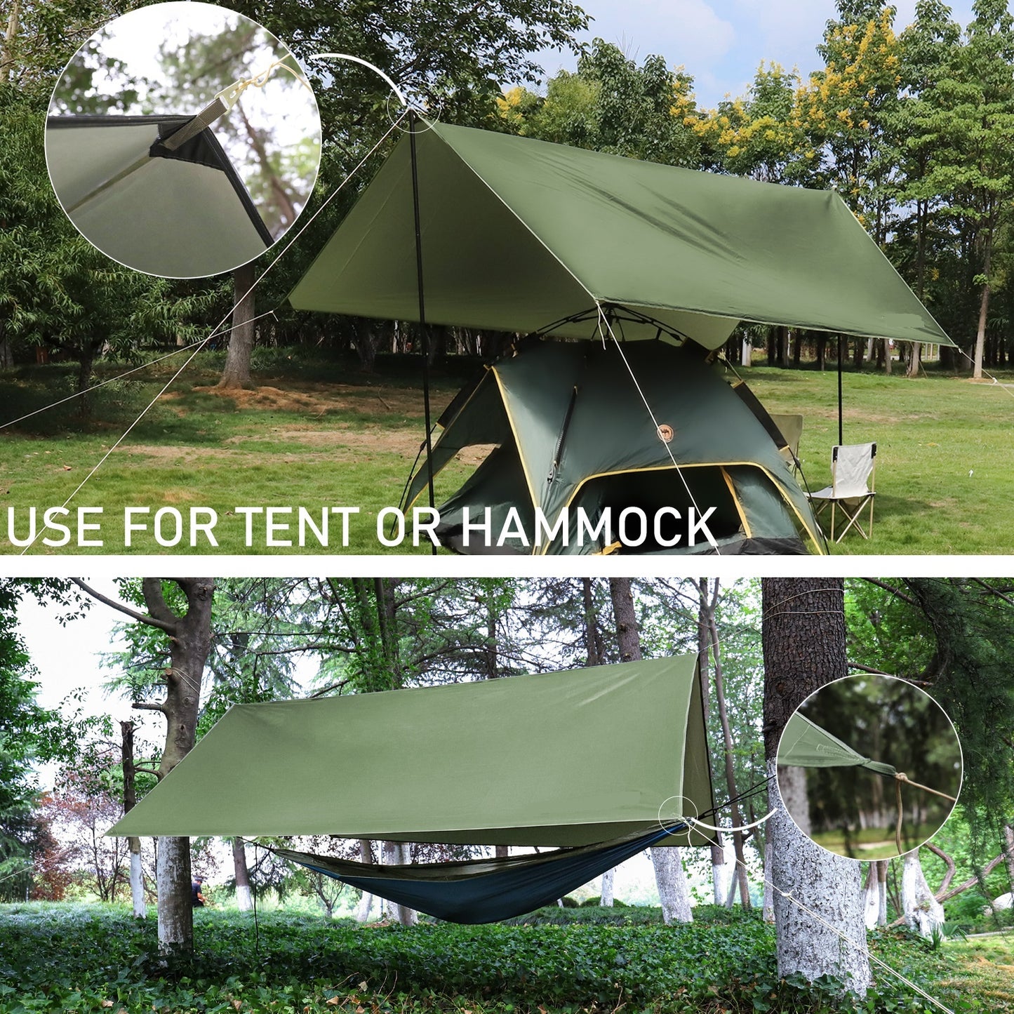Exclusivo Mezcla Rain Fly Camping Tarp 3000mm+ Ultra Waterproof Resistant Sun Shade Lightweight Hammock Tent Tarp with Multifunctional Camping Accessories (10X10 ft Green)