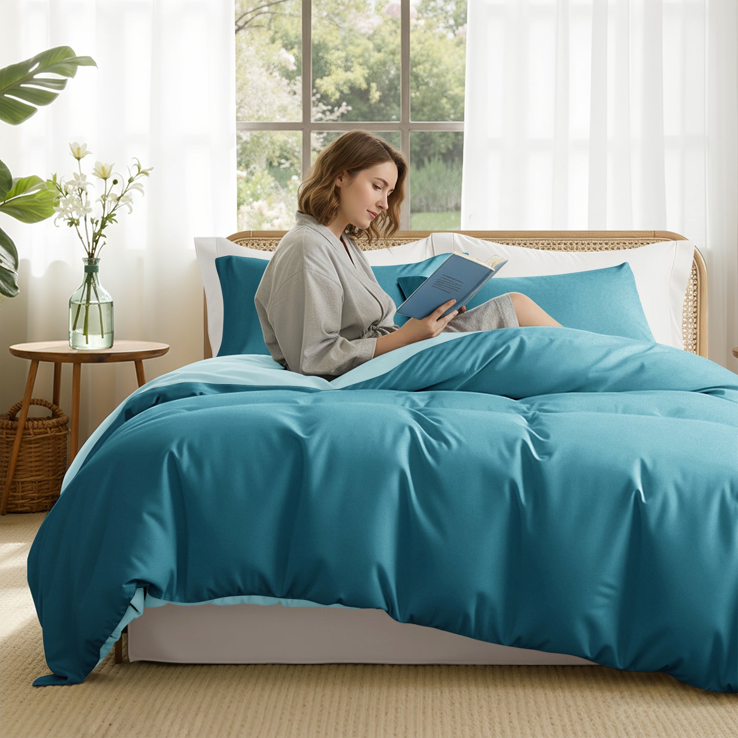 Exclusivo Mezcla Queen Bedding Duvet Cover Set, 3 Pieces Lightweight Comforter Cover with Pillow Shams (Light Green and Teal)