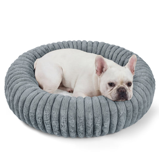 Exclusivo Mezcla Calming Donut Dog Bed, 28 inches Cozy Fluffy Faux Rabbit Fur Round Pet Bed, Machine Washable, Dark Grey