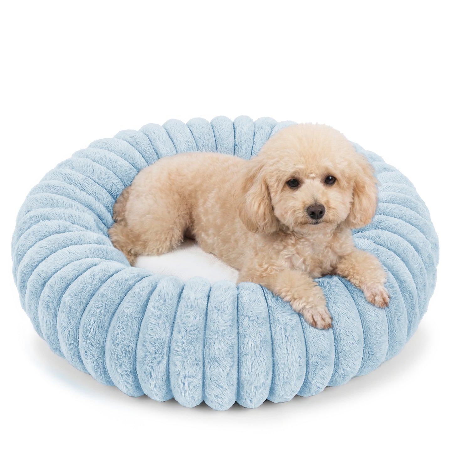 Exclusivo Mezcla Calming Donut Dog Bed, 24 inches Cozy Fluffy Faux Rabbit Fur Round Pet Bed, Machine Washable, Blue