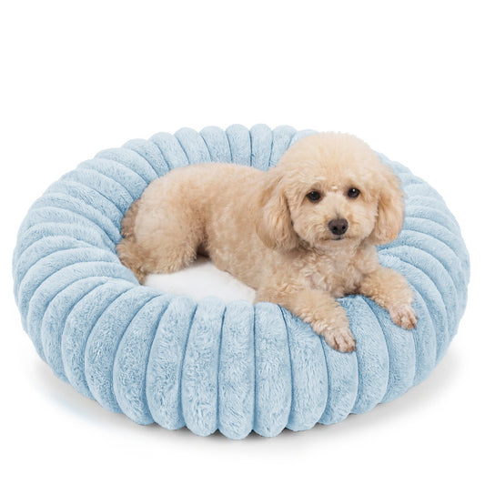 Exclusivo Mezcla Calming Donut Dog Bed, 24 inches Cozy Fluffy Faux Rabbit Fur Round Pet Bed, Machine Washable, Blue