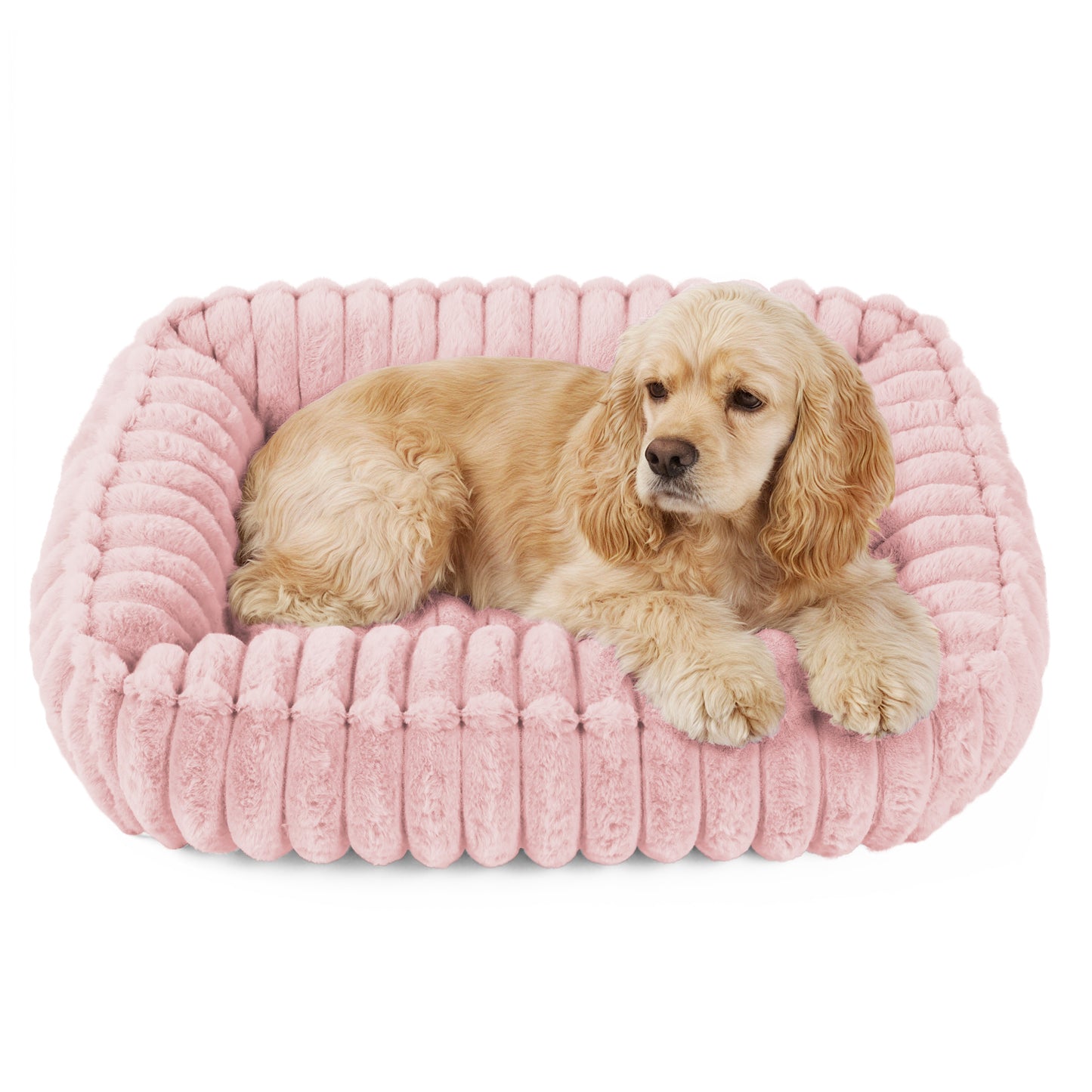 Exclusivo Mezcla Ribbed Plush Cuddler Dog Bed, 32"x24" Calming Pet Bed with Non-Slip Bottom for Medium Dogs, Machine Washable, Pink