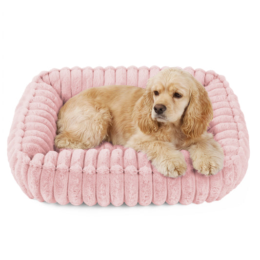 Exclusivo Mezcla Ribbed Plush Cuddler Dog Bed, 32"x24" Calming Pet Bed with Non-Slip Bottom for Medium Dogs, Machine Washable, Pink