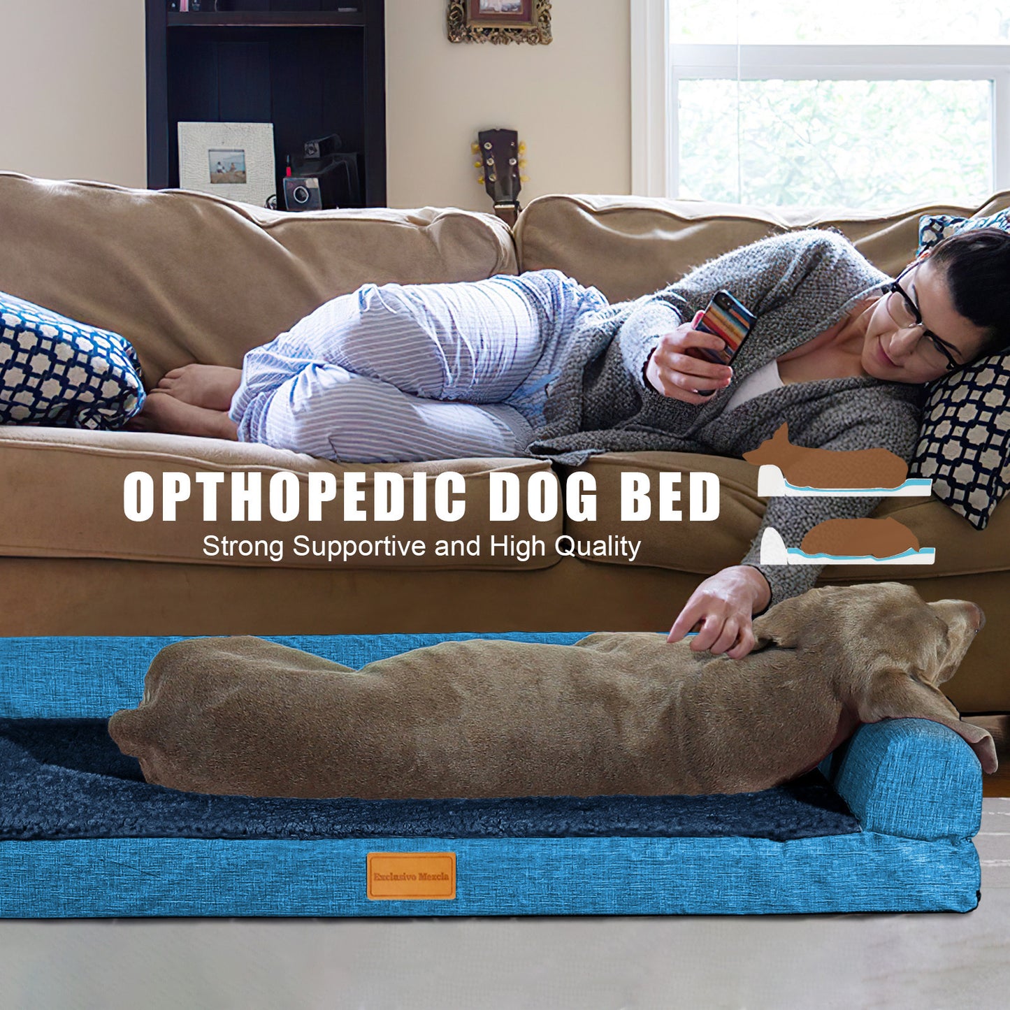 Exclusivo Mezcla Orthopedic XXL Dog Bed for Extra Large Dogs 48''X30'', L Shaped with Removable Washable Cover, Waterproof Supportive Foam Pet Couch Bed Mat, Navy Blue