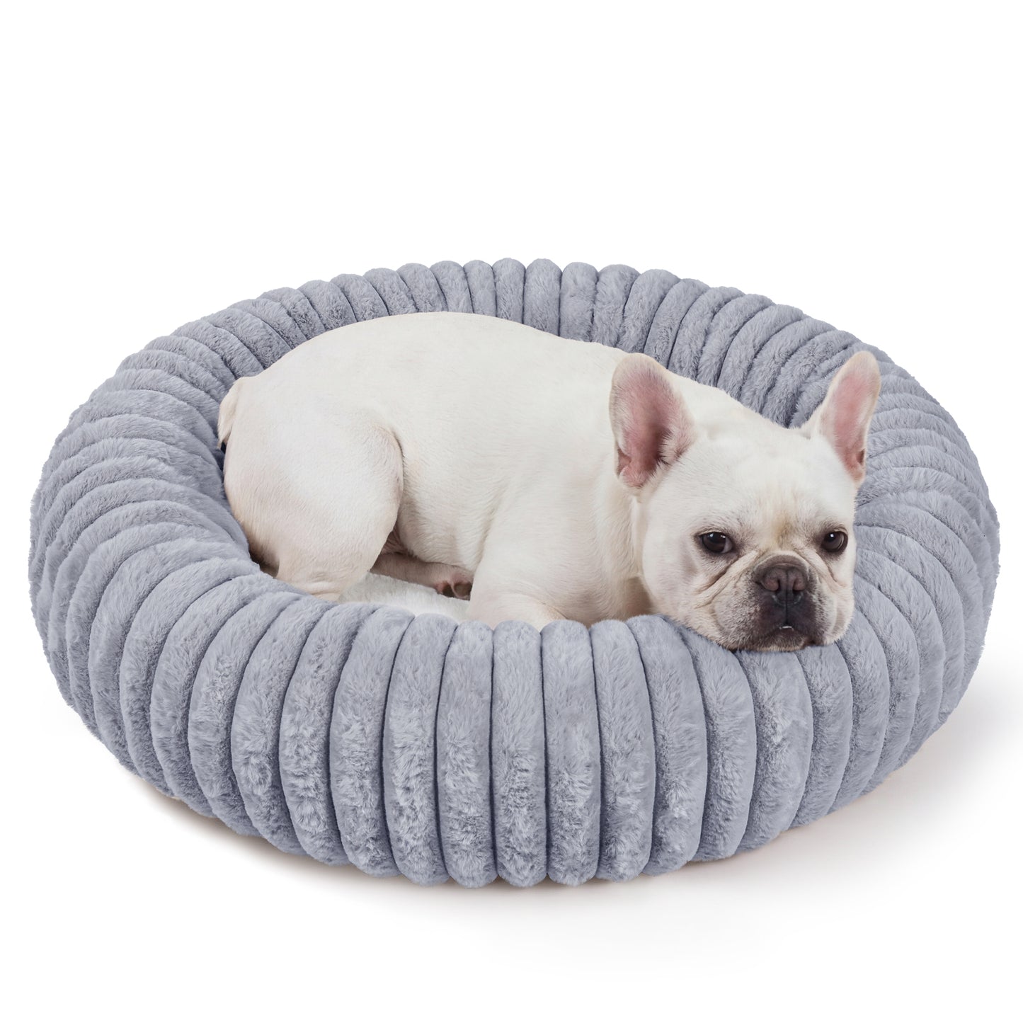 Exclusivo Mezcla Calming Donut Dog Bed, 28 inches Cozy Fluffy Faux Rabbit Fur Round Pet Bed, Machine Washable, Light Grey