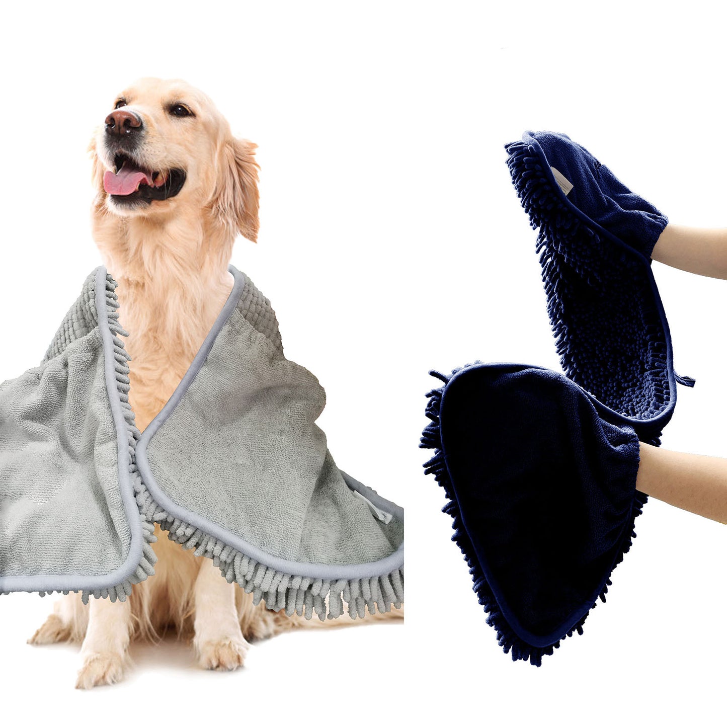 Exclusivo Mezcla-Microfiber Dog Towel for Drying Dogs 35'' x 15'' Extra Large, Absorbent Quick Drying Dog Shammy Chenille Dog Bath Dog Drying Towel with Hand Pockets, Machine Washable Pet Towel(Grey)