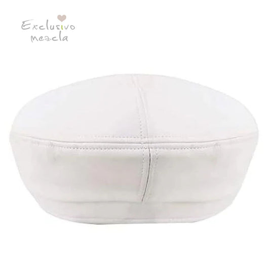 Exclusivo Mezcla Faux Leather Solid Military Beret Hat for Women Girls Retro Style British Beanie Hat Cap