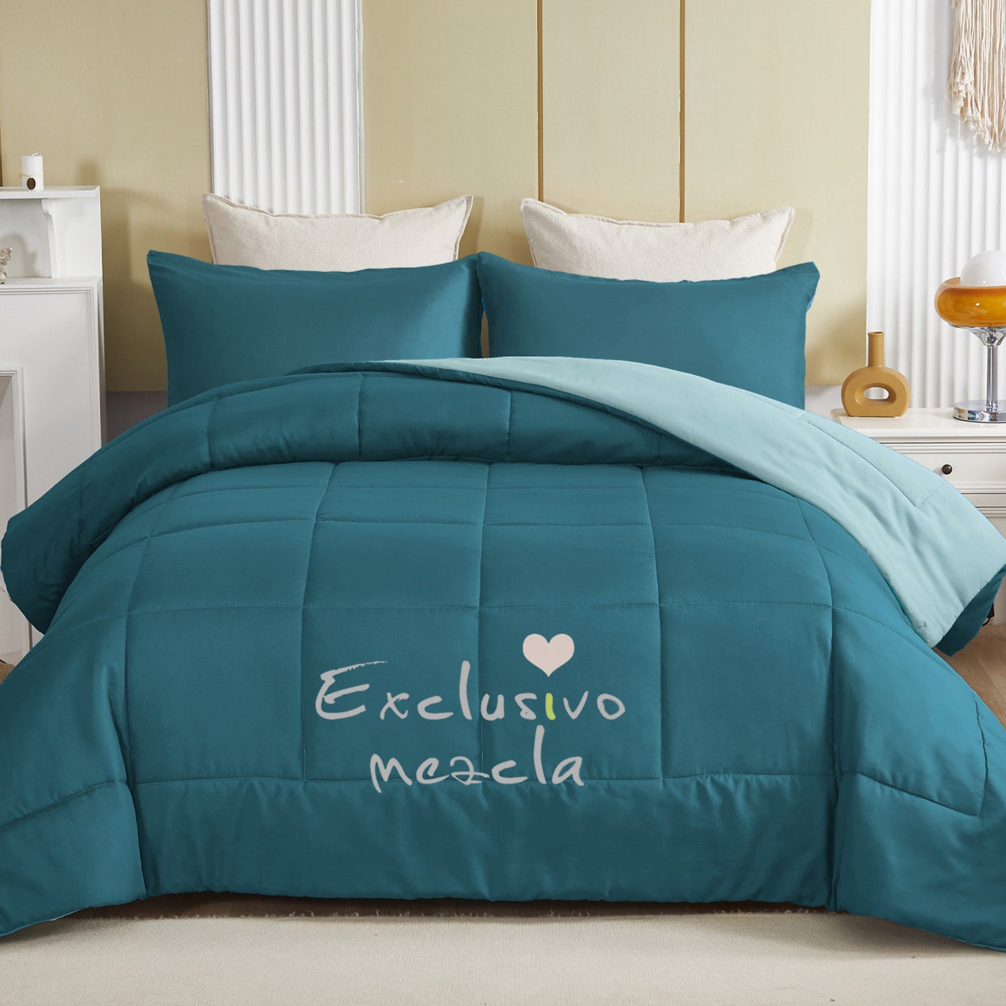 Exclusivo Mezcla Lightweight Reversible 3-Piece Comforter Set All Seasons, Down Alternative Comforter with 2 Pillow Shams, Queen Size, Dusty Teal/ Spa Blue