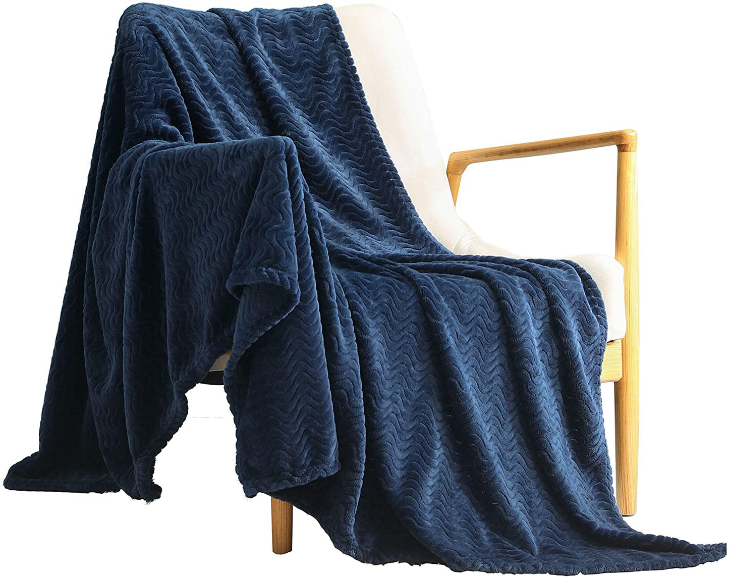 Exclusivo Mezcla Large Flannel Fleece Throw Blanket, Jacquard Weave Wave Pattern (50" x 70", Navy Blue) - Soft, Warm, Lightweight and Decorative