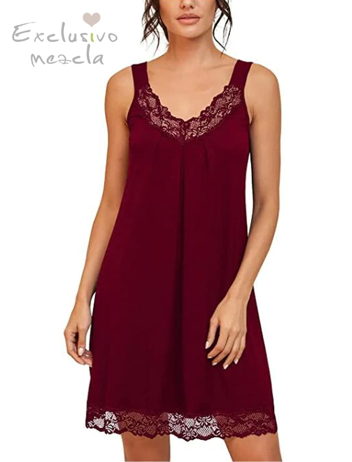 Exclusivo Mezcla Women's Loose Full Slips Lace Nightgown Chemise Sleepwear Cotton Jersey Nightdress