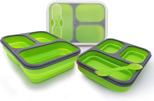 Exclusivo Mezcla Foldable Bento Lunch Box (1pcs) for Women Men With Spork & Lid BPA Free,Collapsible and Leakproof Space Saving Food Storage Containers with 3 Compartments - Green