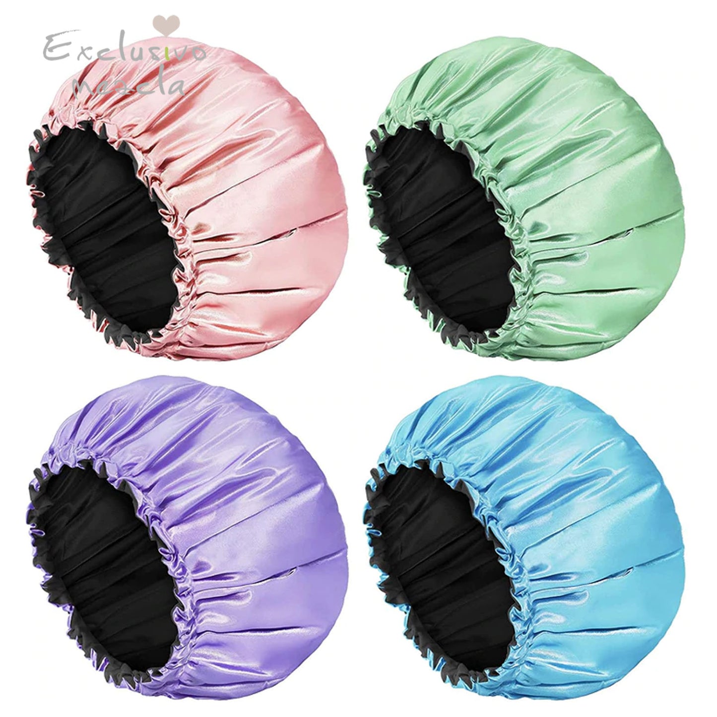 Exclusivo Mezcla Shower Cap, 4-Pack Bathing Reusable Shower Caps for Long Hair Women, Double Layers Premium Sumptuous Silky Satin 100% Waterproof Shower Cap Extra Large
