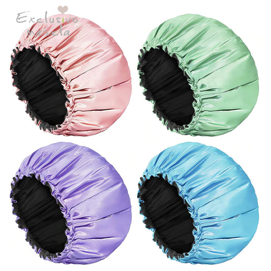 Exclusivo Mezcla Shower Cap, 4-Pack Bathing Reusable Shower Caps for Long Hair Women, Double Layers Premium Sumptuous Silky Satin 100% Waterproof Shower Cap Extra Large