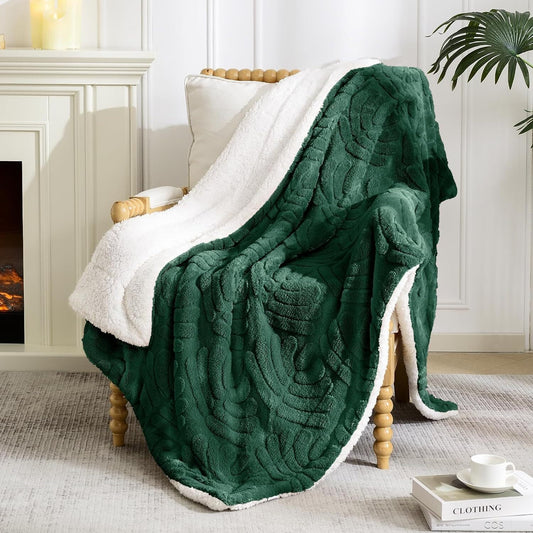 Whale Flotilla Sherpa Fleece Throw Blanket for Couch, Reversible Lightweight Blankets Warm Plush Bed Blanket for Winter Ultra Soft with Decorative Jacquard Pattern, 50x70 Inch, Deep Green