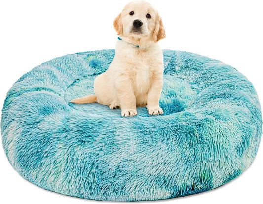 Exclusivo Mezcla Calming Donut Dog Bed Cat Bed for Small Medium Large Dogs and Cats Anti-Anxiety Plush Soft and Cozy Cat Bed Warming Pet Bed for Winter and Fall (24IN, Gradient Aqua)