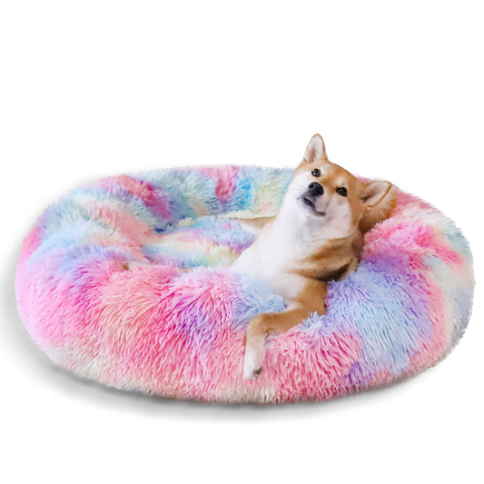 Calming Donut Dog Bed for Small Medium and Large dogs Anti-Anxiety Plush Soft and Cozy Cat Bed 32 inches Warming Pet Bed for Winter and Fall(Pink Rainbow)