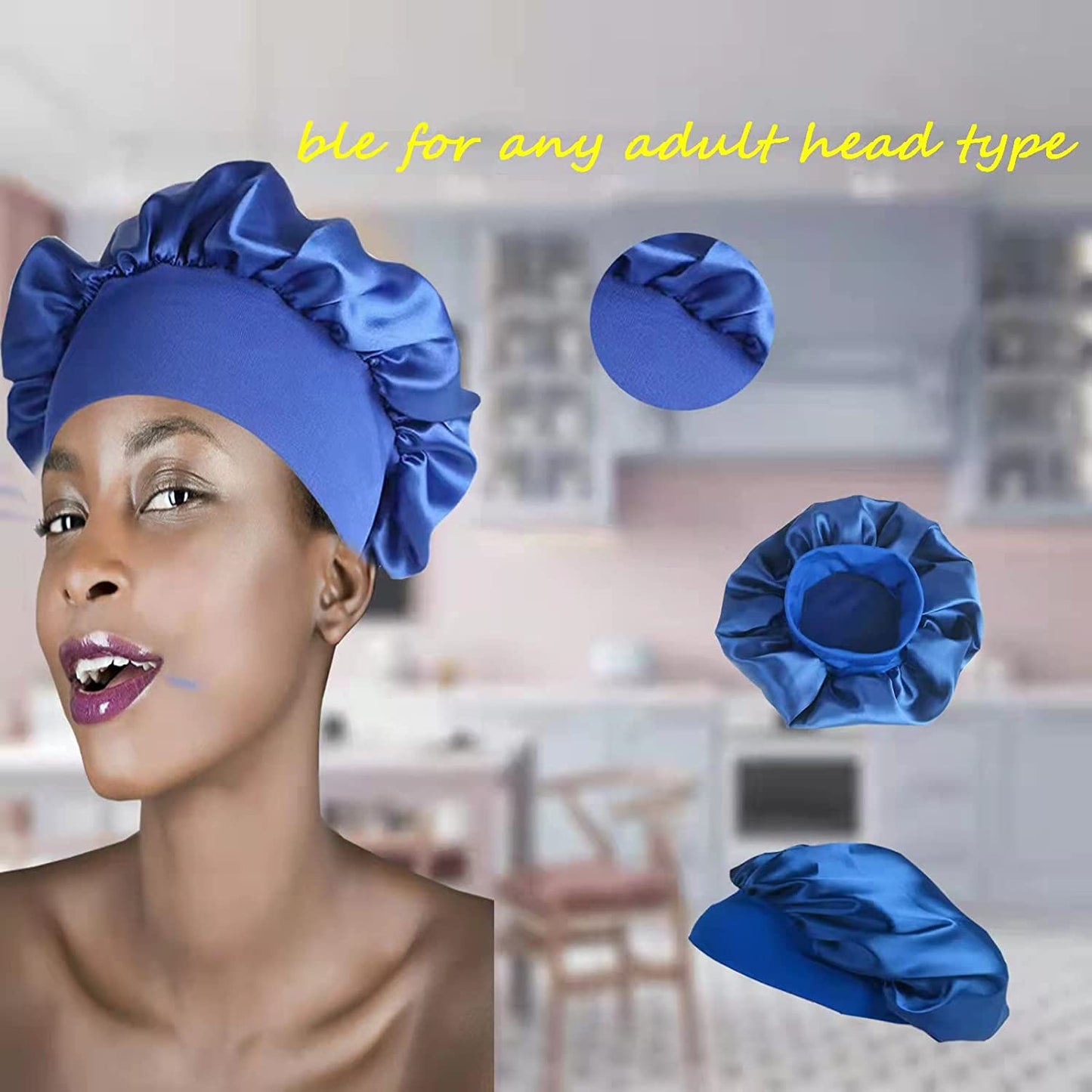 Exclusivo Mezcla 3 Pieces Satin Sleep Cap Elastic Wide Band Hat Night Sleeping Head Cover,Hat Hair Loss Cap for Women and Girls（A free imitation silk hair circle）