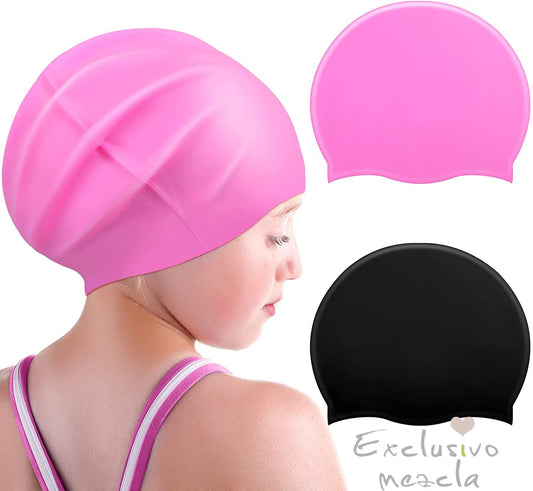 Exclusivo Mezcla 2 Pcs Kid Swim Cap Silicone Swimming Cap for Long Braids and Dreadlocks Swimming Hat Toddler Girls Boys Kids Teens Swim Hat for Long Curly Fluffy Hair Swimmers, Black and Pink, Size S, Age 4-8