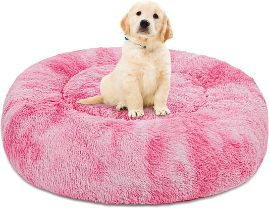 Exclusivo Mezcla Calming Donut Dog Bed Cat Bed for Small Medium Large Dogs and Cats Anti-Anxiety Plush Soft and Cozy Cat Bed Warming Pet Bed for Winter and Fall (32IN, Gradient Pink)