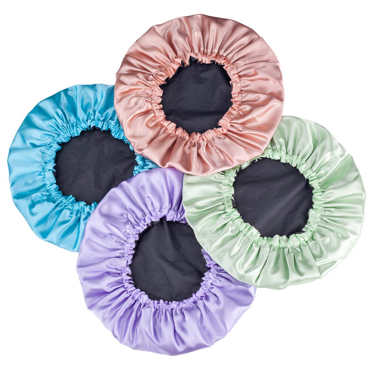 Exclusivo Mezcla Shower Cap, 4-Pack Bathing Reusable Shower Caps for Long Hair Women, Double Layers Premium Sumptuous Silky Satin 100% Waterproof Shower Cap Extra Large