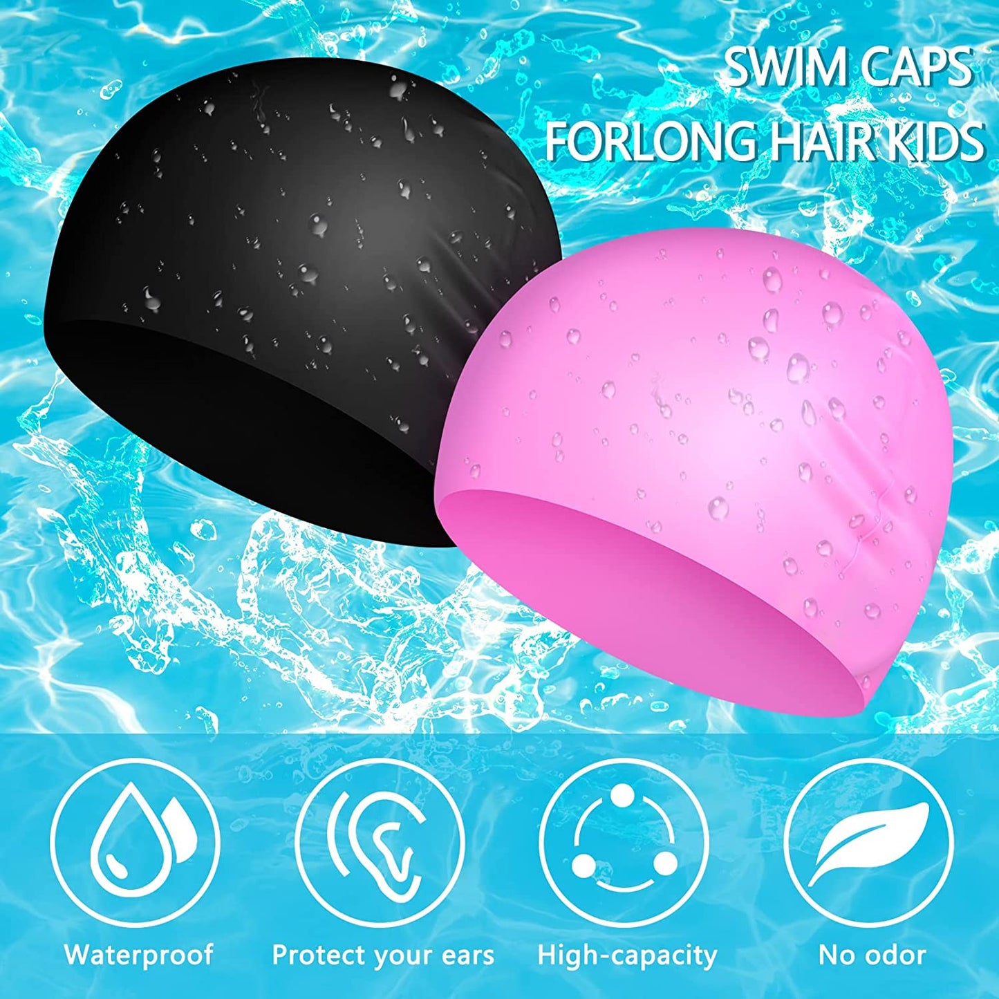 Exclusivo Mezcla 2 Pcs Kid Swim Cap Silicone Swimming Cap for Long Braids and Dreadlocks Swimming Hat Toddler Girls Boys Kids Teens Swim Hat for Long Curly Fluffy Hair Swimmers, Black and Pink, Size S, Age 4-8