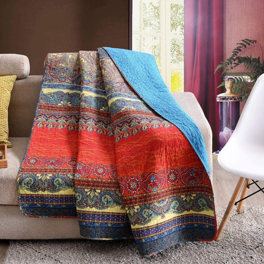 Exclusivo Mezcla Luxury Reversible 100% Cotton Paisley Boho Stripe Quilted  Bed/Throw Blanket Machine Washable and Dryable