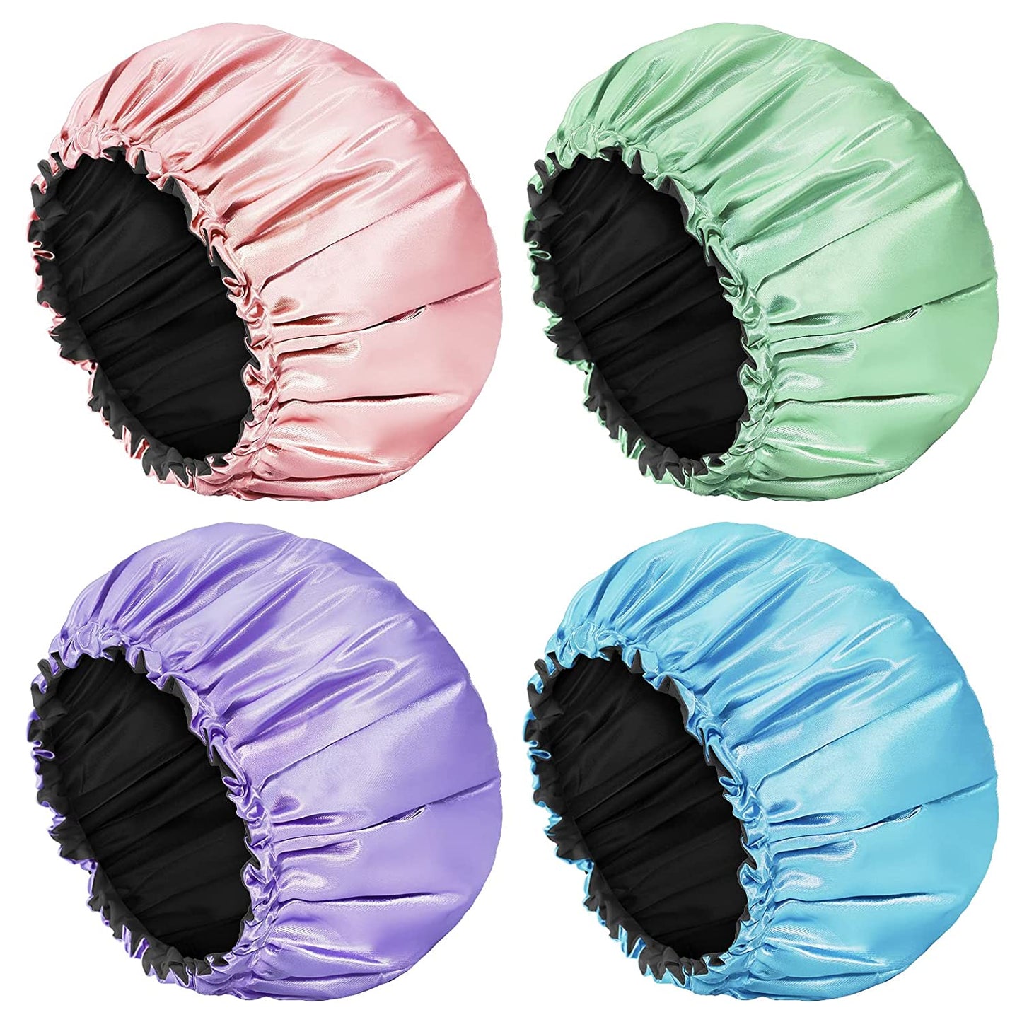 Exclusivo Mezcla Shower Cap, 4-Pack Bathing Reusable Shower Caps for Long Hair Women, Double Layers Premium Sumptuous Silky Satin 100% Waterproof Shower Cap Extra Large