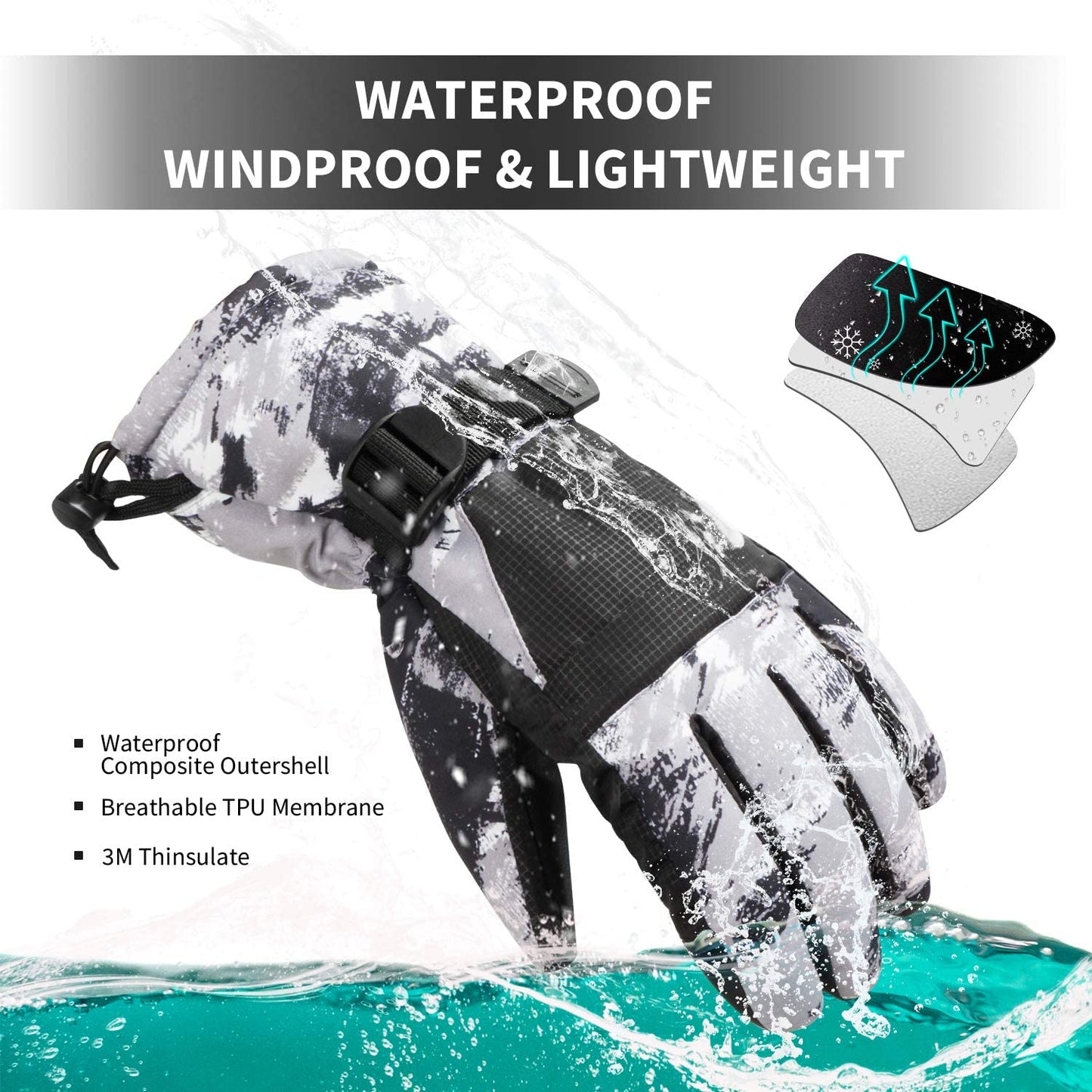 Exclusivo Mezcla Ski Snowboard Gloves, Waterproof Winter Warm Gloves, Cold Weather Touchscreen Snow Gloves for Mens, Womens, Kids Skiing,Snowboarding