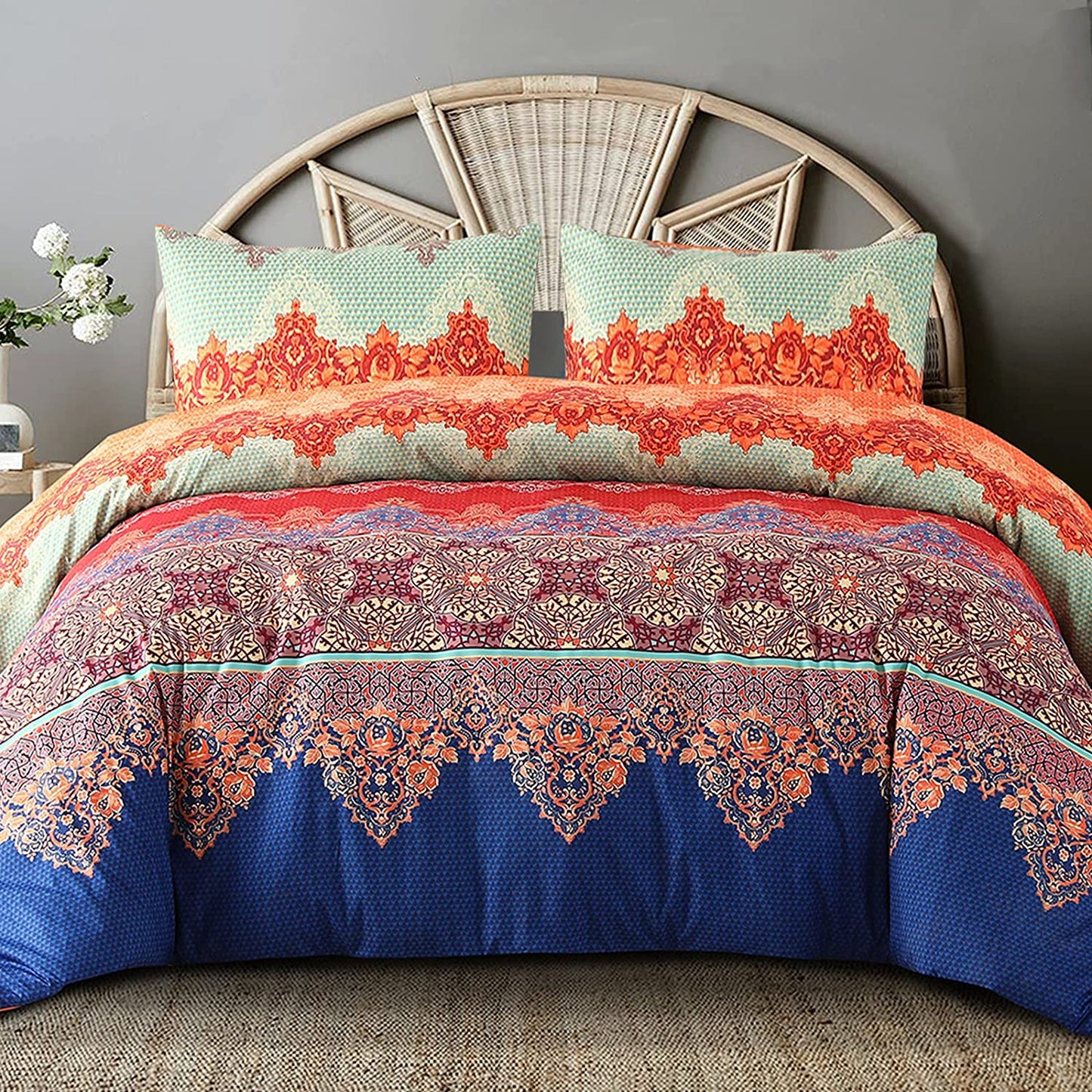 Exclusivo Mezcla Boho Bedding Duvet Cover Set, 3 Pieces Lightweight Comforter Cover with Pillow Shams (Twin Size，Orange and Blue)