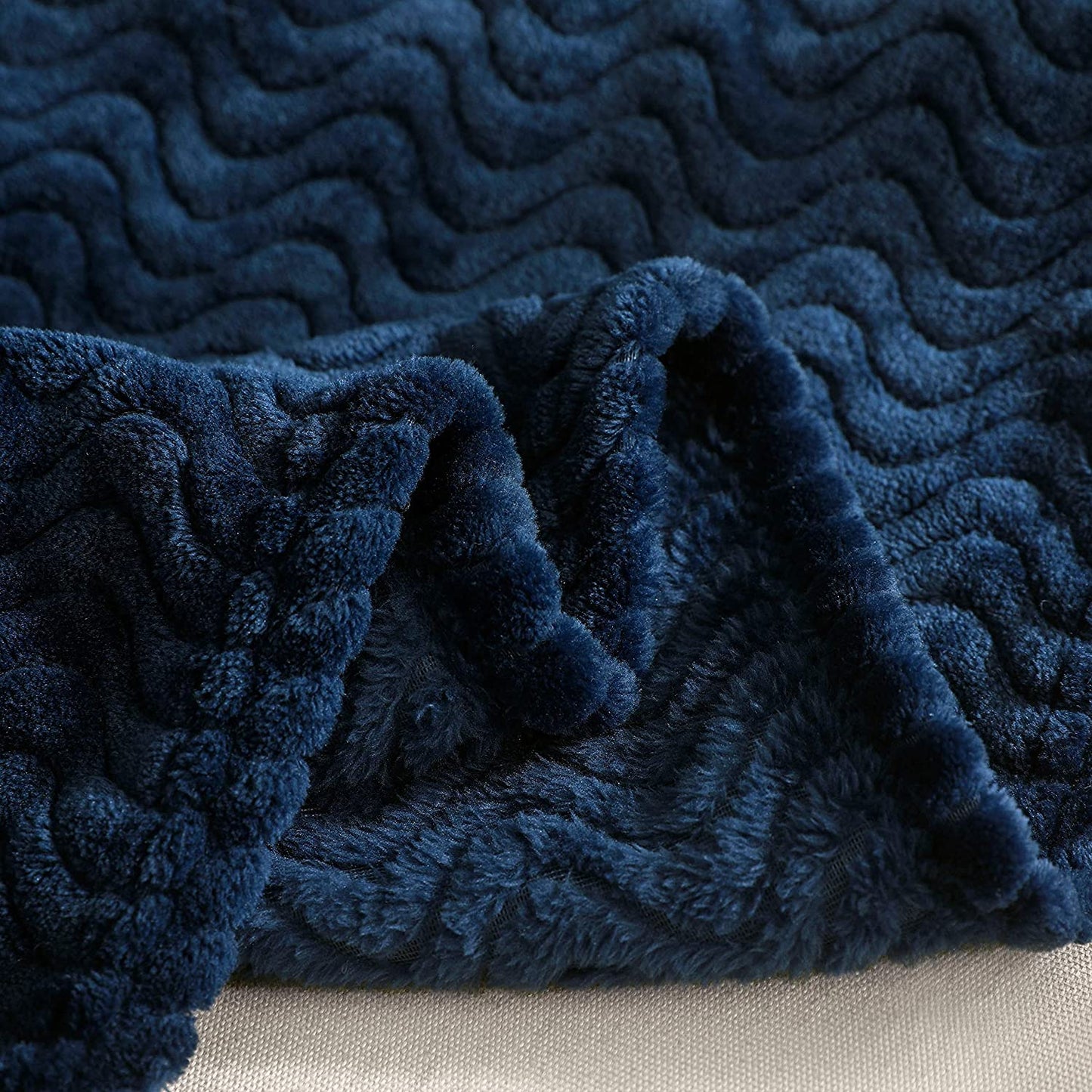 Exclusivo Mezcla Large Flannel Fleece Throw Blanket, Jacquard Weave Wave Pattern (50" x 70", Navy Blue) - Soft, Warm, Lightweight and Decorative