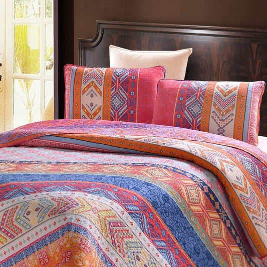 Exclusivo Mezcla 100% Cotton 3-Piece Multicolored Boho Full/Queen/King  Size Quilt Set as Bedspread/Coverlet/Bed Cover- Lightweight, Reversible and Decorative