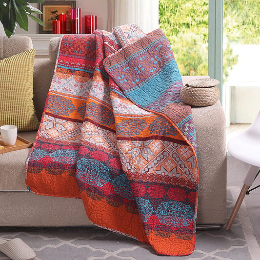 Exclusivo Mezcla Luxury Reversible 100% Cotton Exotic Boho Stripe Quilted Throw Blanket 50x60 Inch Machine Washable and Dryable