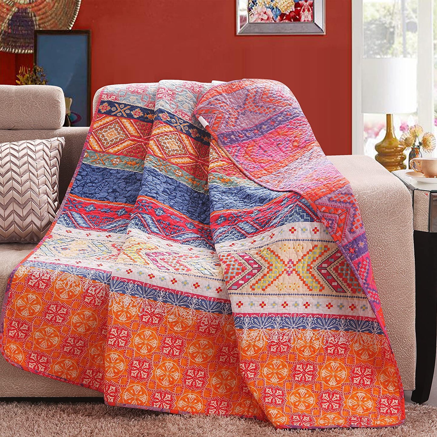Exclusivo Mezcla Luxury Reversible 100% Cotton Multicolored Boho Stripe Quilted Throw Blanket 50x60 Inch Machine Washable and Dryable