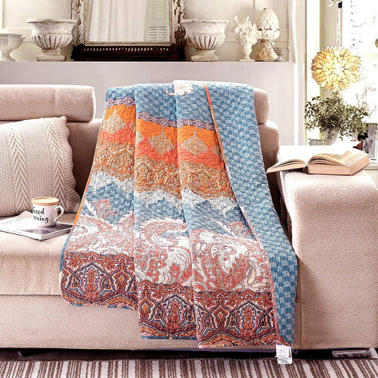 Exclusivo Mezcla Luxury Reversible 100% Cotton Chic Boho Stripe Quilted Throw Blanket 60" x 50" Machine Washable and Dryable