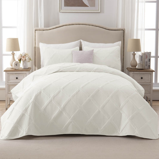 Exclusivo Mezcla 3-Piece Ultrasonic King Size Quilt Set, Lightweight Bedspreads Modern Striped Coverlet Set for All Seasons (106"x96", White)