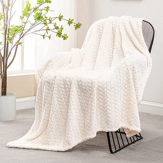 Exclusivo Mezcla Extra Large Flannel Fleece Throw Blanket, 50x70 Inches Leaves Pattern Soft Throw Blanket for Couch, Cozy, Warm, and Lightweight Blanket for Winter, Off White Blanket