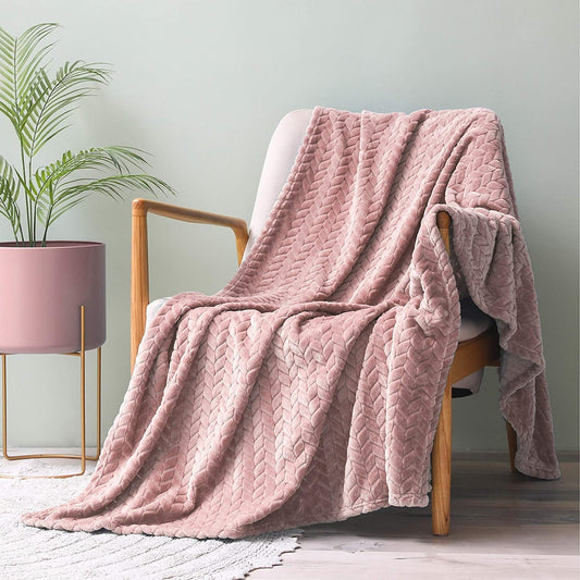 Exclusivo Mezcla Large Flannel Fleece Throw Blanket, Jacquard Weave Leaves Pattern (50" x 70", Pink) - Soft, Warm, Lightweight and Decorative