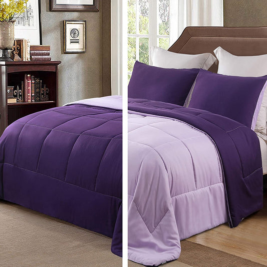 Exclusivo Mezcla Lightweight Reversible 3-Piece Comforter Set All Seasons, Down Alternative Comforter with 2 Pillow Shams, Queen Size, Deep Purple/ Lilac