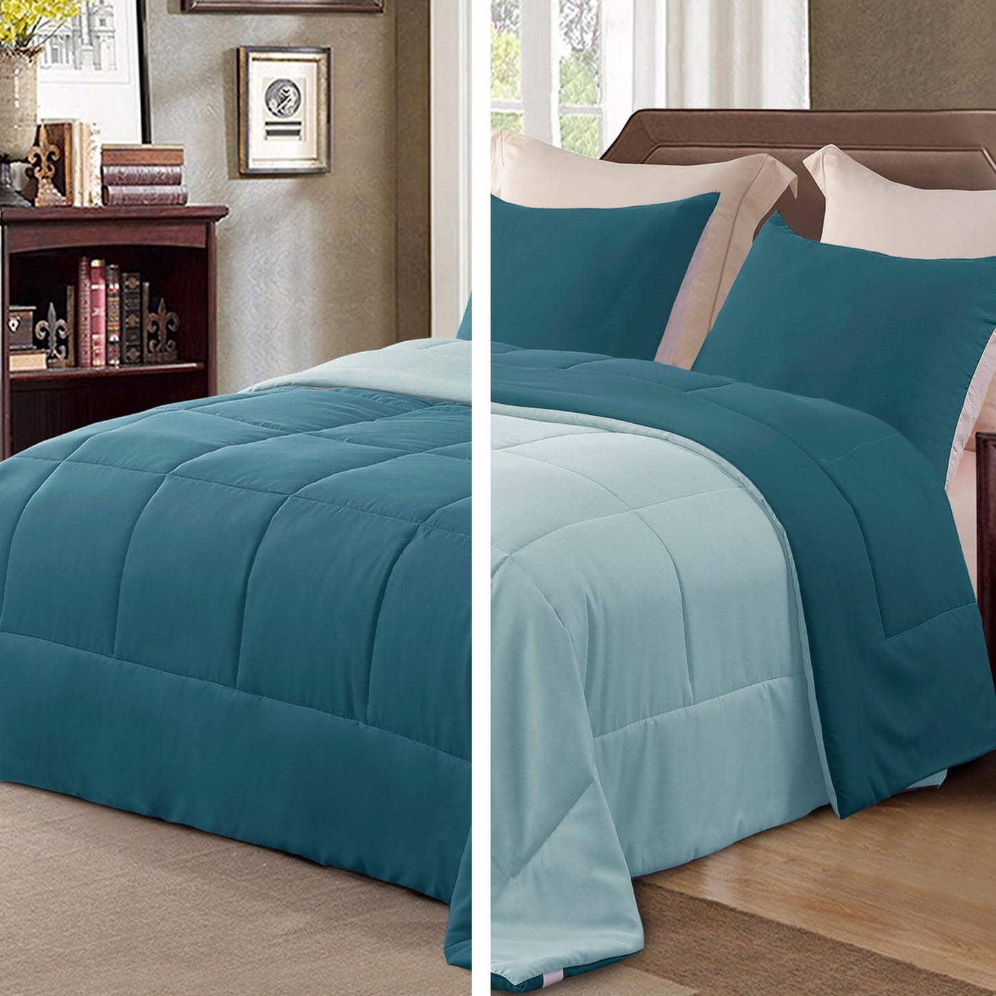 Exclusivo Mezcla Lightweight Reversible 3-Piece Comforter Set All Seasons, Down Alternative Comforter with 2 Pillow Shams, Queen Size, Dusty Teal/ Spa Blue