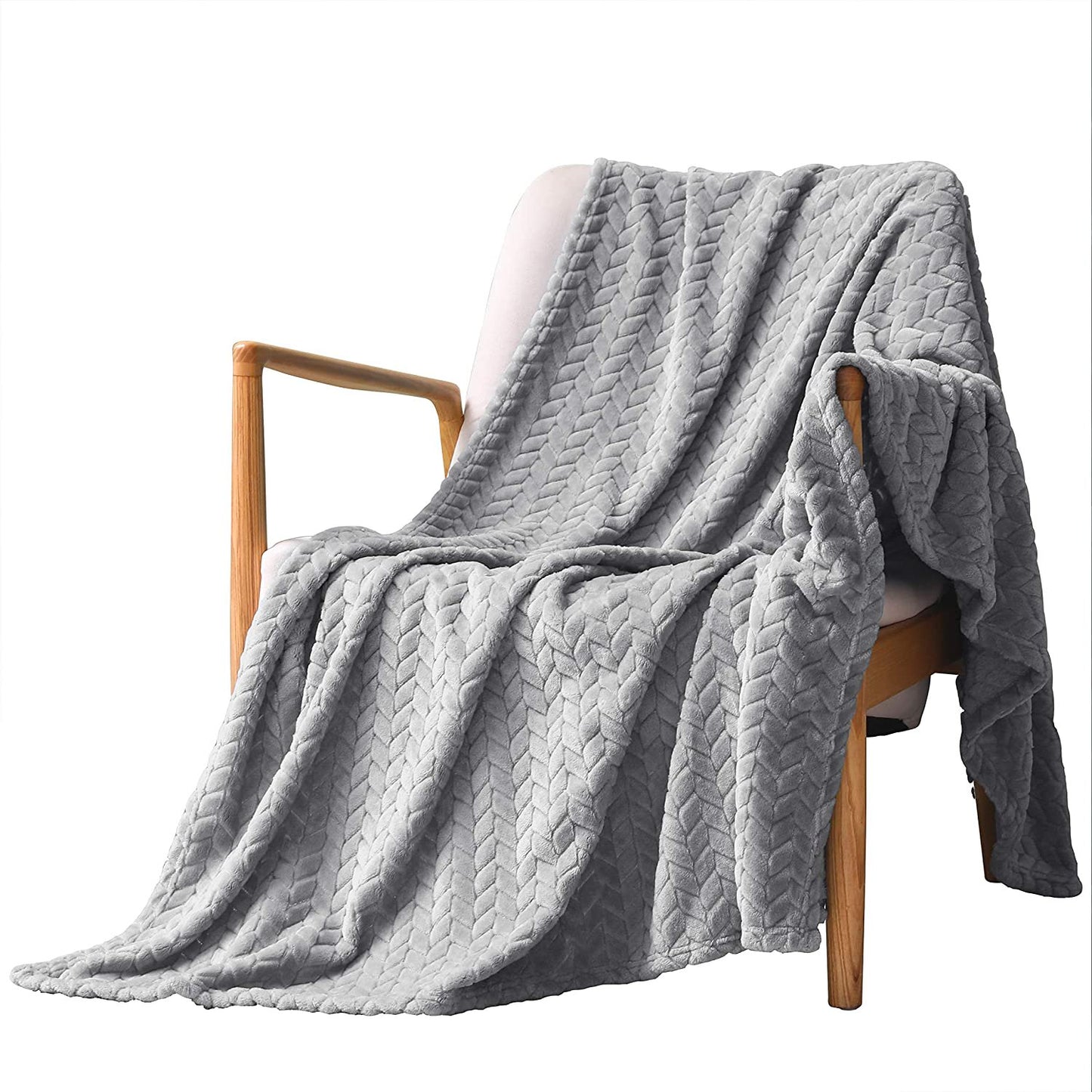 Exclusivo Mezcla Large Flannel Fleece Throw Blanket, Jacquard Weave Leaves Pattern (50" x 70", Light Gray) - Soft, Warm, Lightweight and Decorative