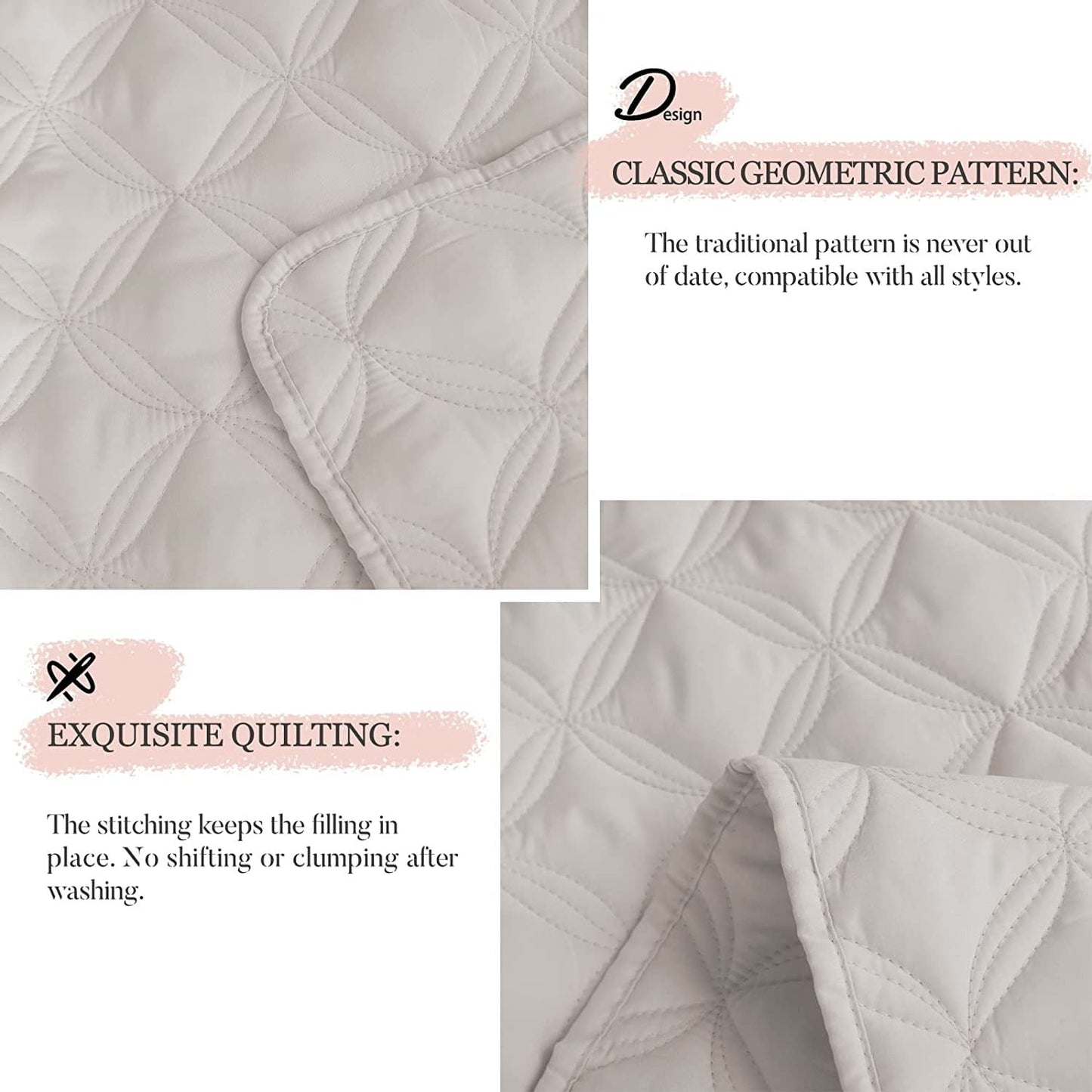 Exclusivo Mezcla Bed Quilt Set King Size for All Season, Stitched Pattern Quilted Bedspread/ Bedding Set/ Coverlet with 2 Pillow shams, Lightweight and Soft, Bone