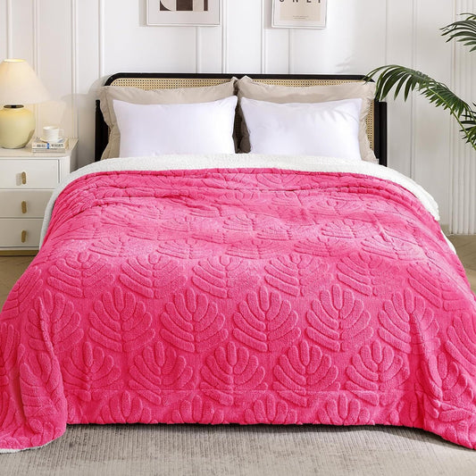 Whale Flotilla Sherpa Fleece Blanket for Twin Size Bed, Reversible Lightweight Blankets Warm Plush Bed Blanket for Winter Ultra Soft with Decorative Jacquard Pattern 60x80 Inch, Hot Pink