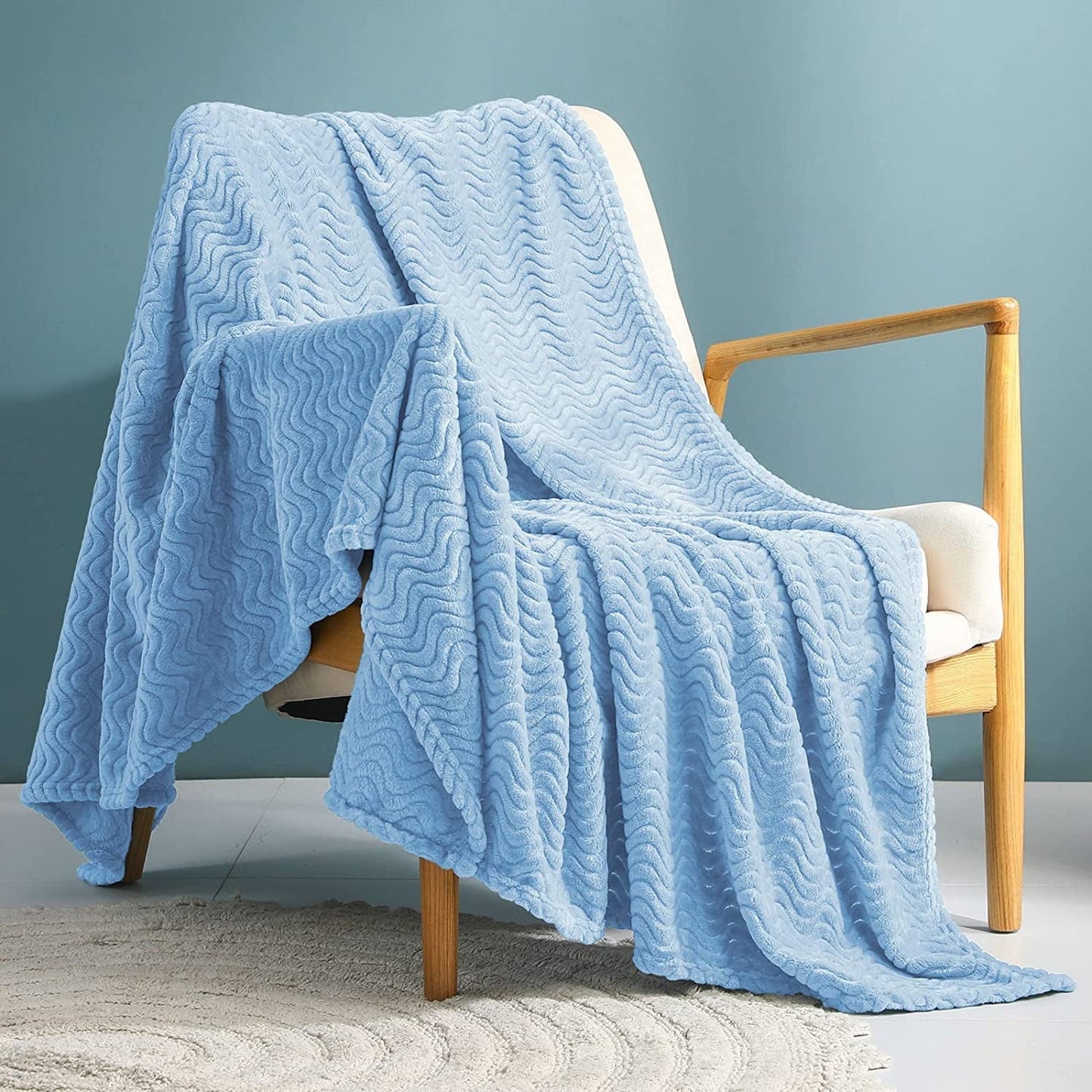 Exclusivo Mezcla Large Flannel Fleece Throw Blanket, 50x70 Inches Soft Jacquard Weave Wave Pattern Blanket for Couch, Cozy, Warm, Lightweight and Decorative Baby Blue Blanket