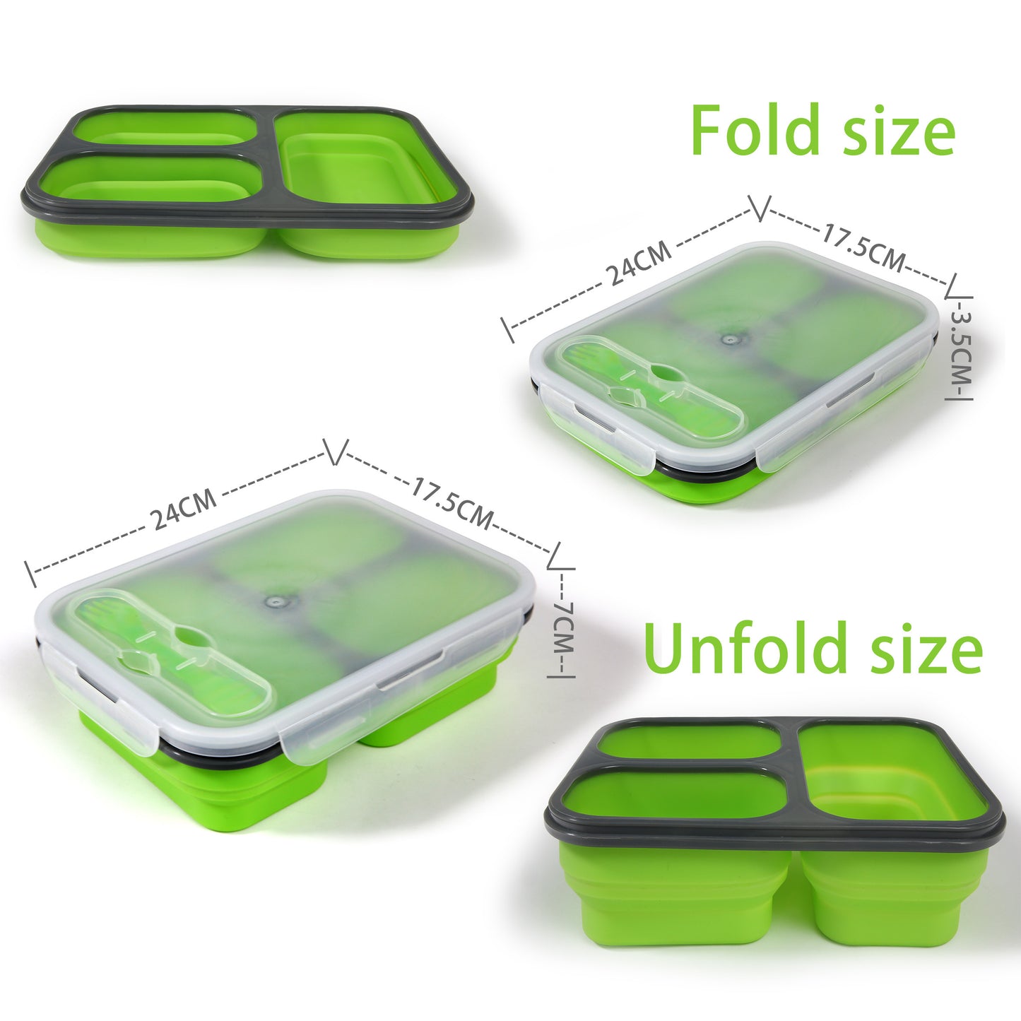 Exclusivo Mezcla Foldable Bento Lunch Box (1pcs) for Women Men With Spork & Lid BPA Free,Collapsible and Leakproof Space Saving Food Storage Containers with 3 Compartments - Green